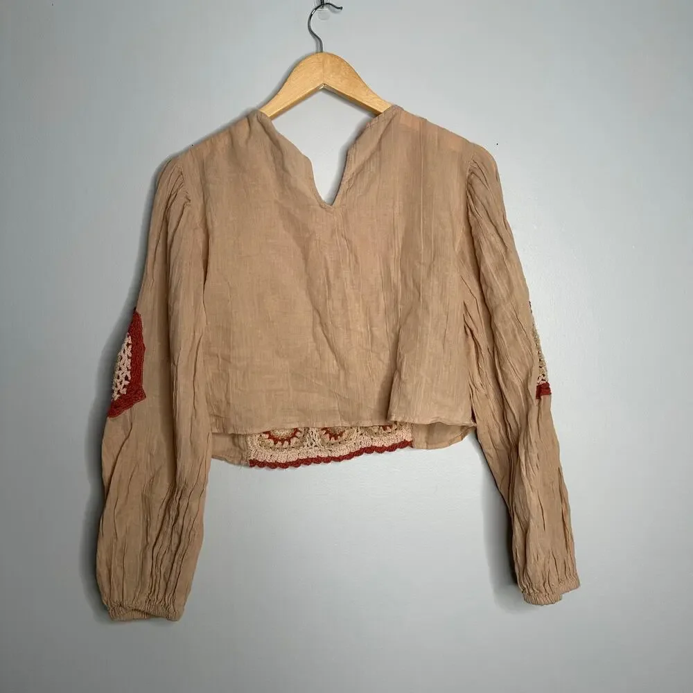 Zara Crochet Granny Square Blouse Women‎ XS Beige EUC Boho Balloon Sleeve Top